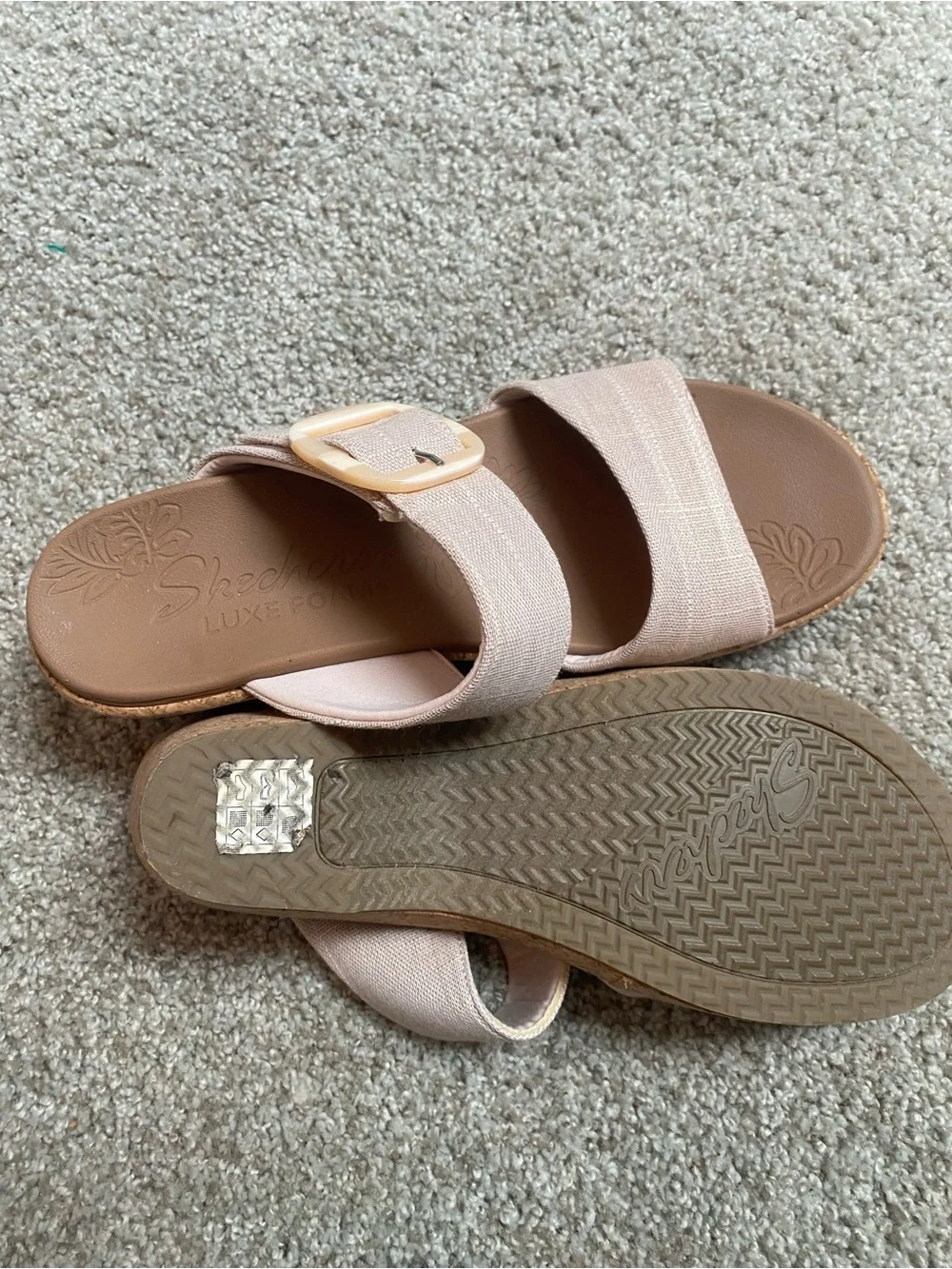 Skechers Blush Fabric Cork Wedge Sandals with Square Buckle